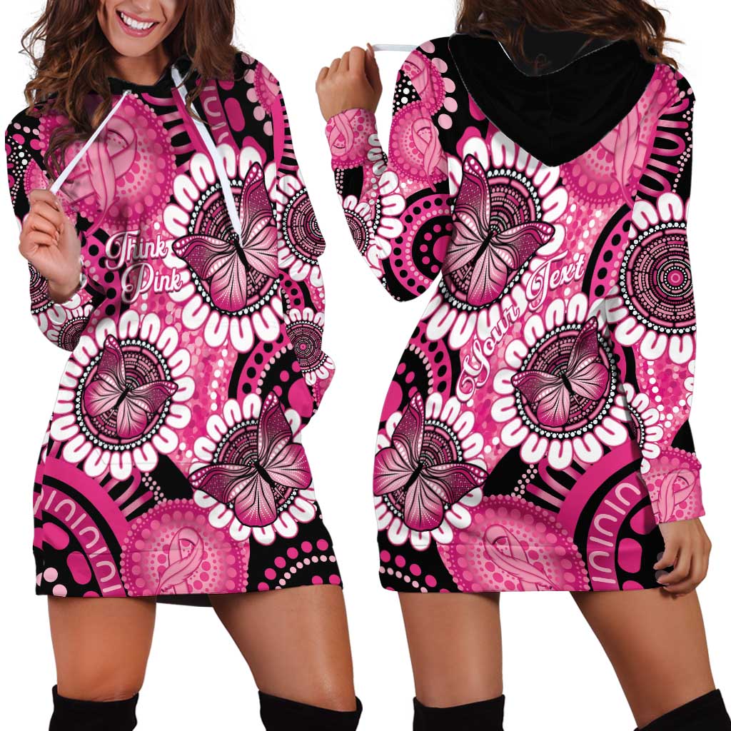 Personalised Australia Indigenous Hoodie Dress Breast Cancer Ribbon Think Pink - Black Version LT14