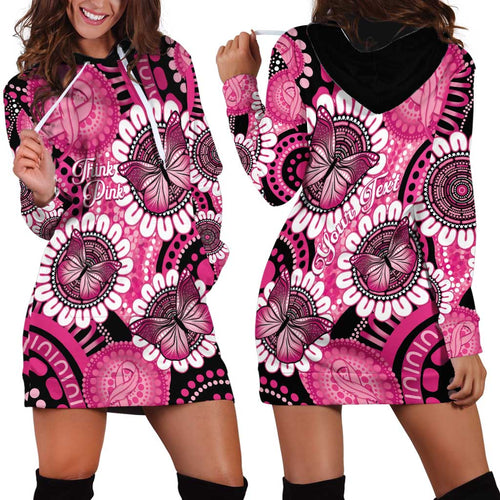 Personalised Australia Indigenous Hoodie Dress Breast Cancer Ribbon Think Pink - Black Version LT14