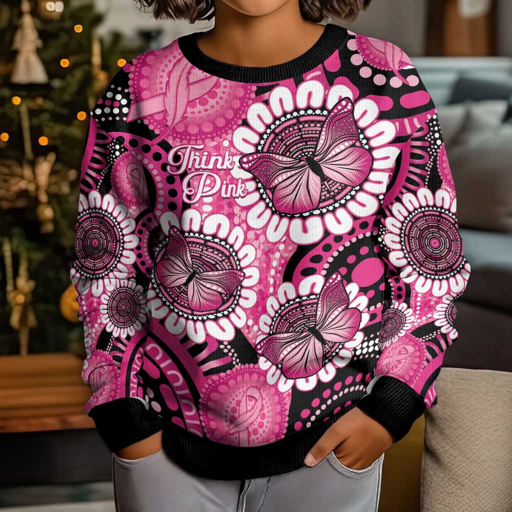 Personalised Australia Indigenous Kid Ugly Christmas Sweater Breast Cancer Ribbon Think Pink - Black Version LT14