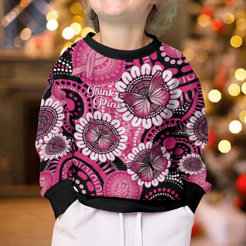 Personalised Australia Indigenous Kid Ugly Christmas Sweater Breast Cancer Ribbon Think Pink - Black Version LT14