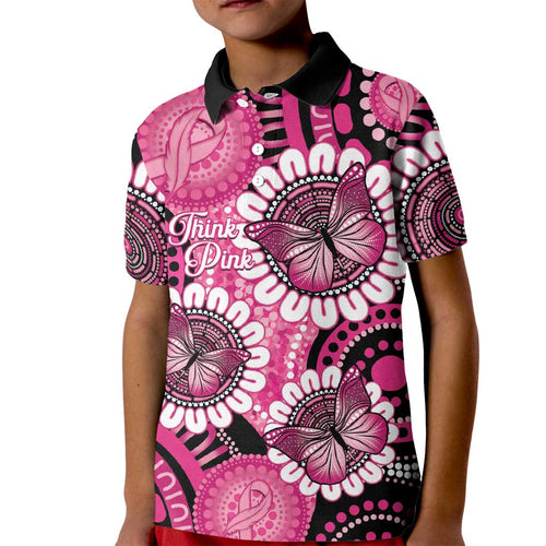 Personalised Australia Indigenous Kid Polo Shirt Breast Cancer Ribbon Think Pink - Black Version LT14
