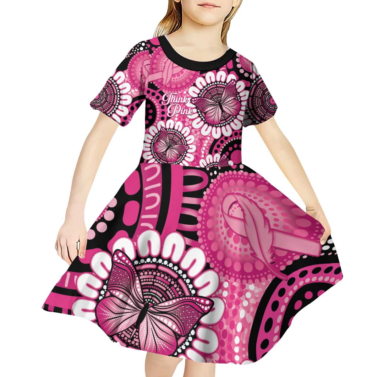 Personalised Australia Indigenous Kid Short Sleeve Dress Breast Cancer Ribbon Think Pink - Black Version LT14