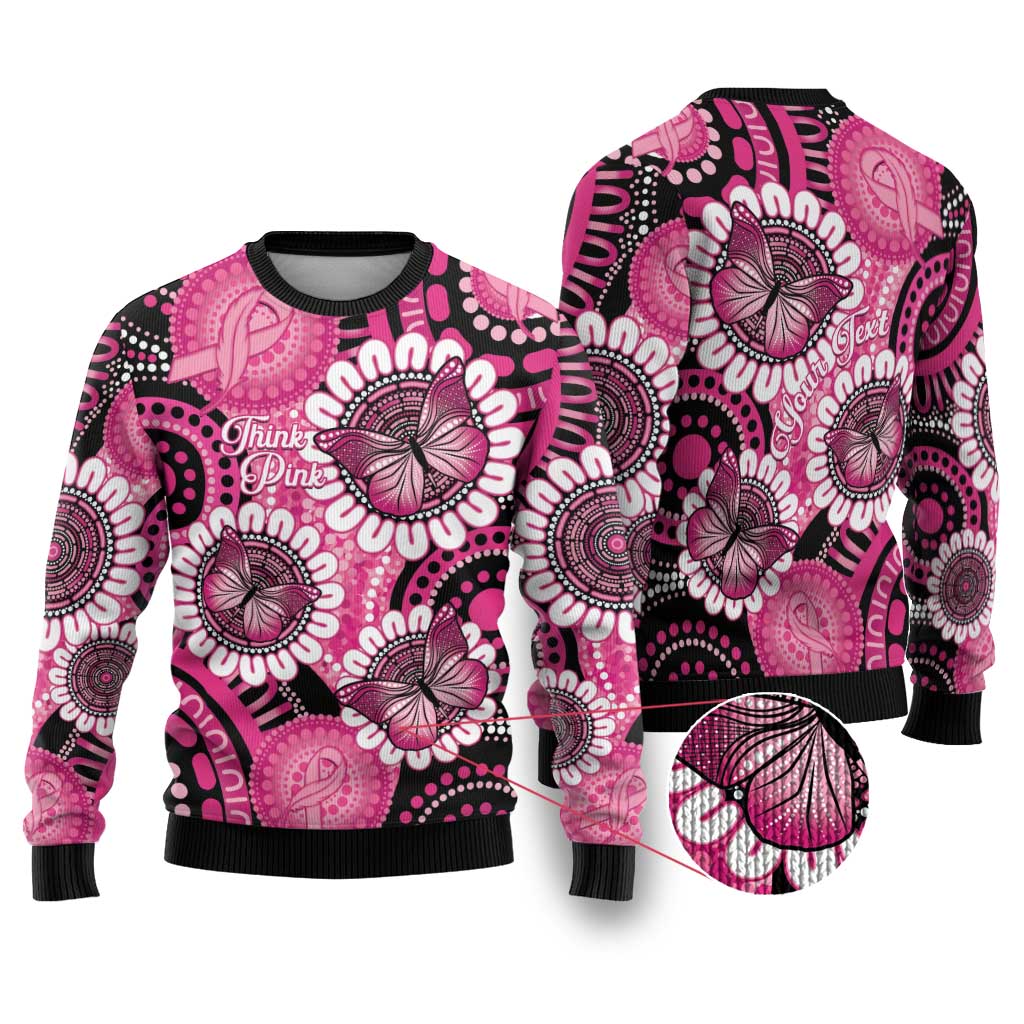 Personalised Australia Indigenous Ugly Christmas Sweater Breast Cancer Ribbon Think Pink - Black Version LT14