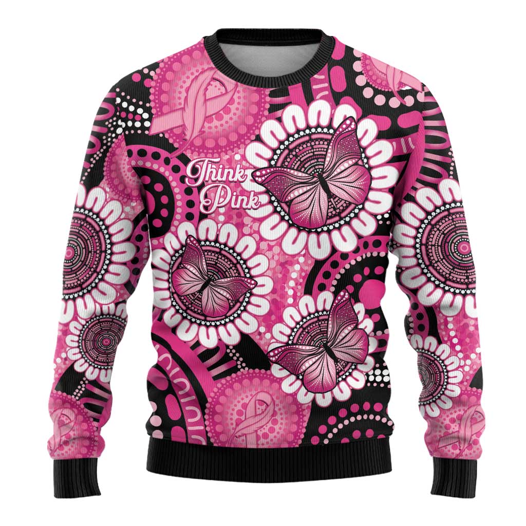 Personalised Australia Indigenous Ugly Christmas Sweater Breast Cancer Ribbon Think Pink - Black Version LT14