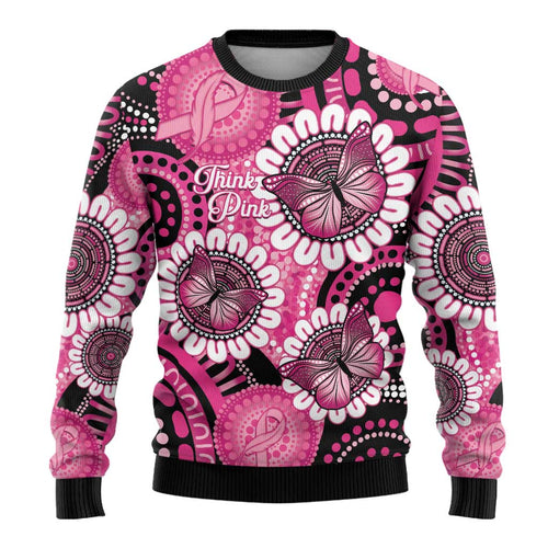 Personalised Australia Indigenous Ugly Christmas Sweater Breast Cancer Ribbon Think Pink - Black Version LT14