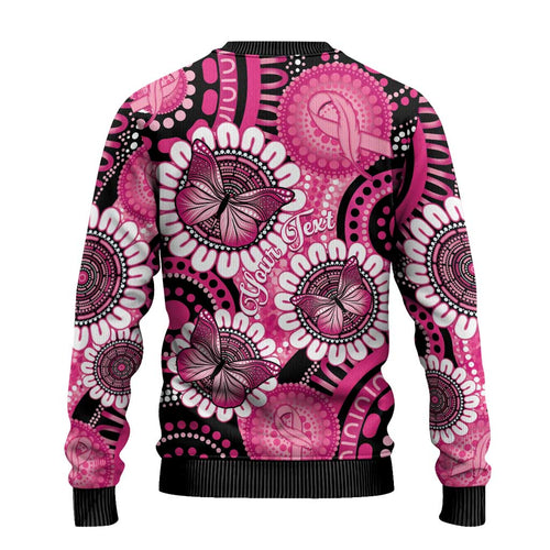 Personalised Australia Indigenous Ugly Christmas Sweater Breast Cancer Ribbon Think Pink - Black Version LT14