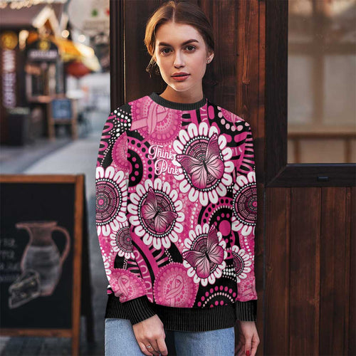Personalised Australia Indigenous Ugly Christmas Sweater Breast Cancer Ribbon Think Pink - Black Version LT14