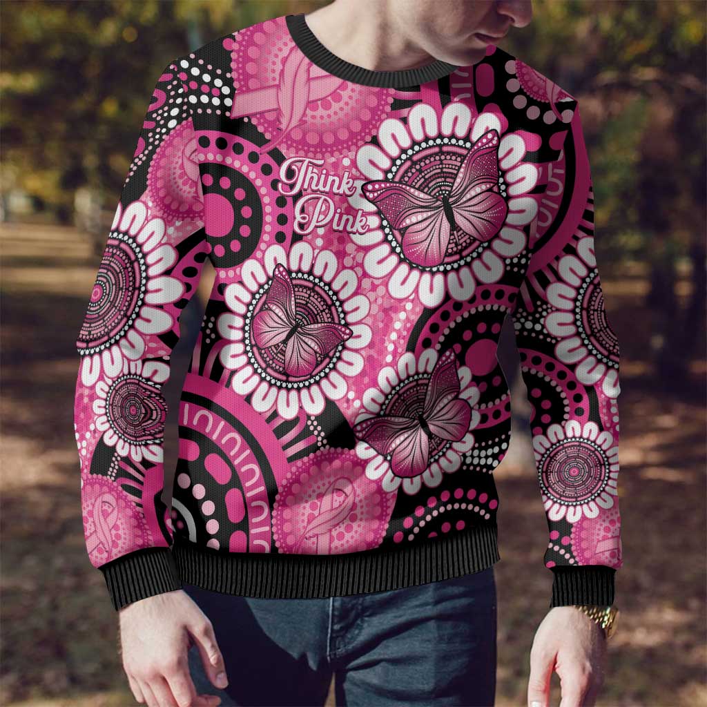 Personalised Australia Indigenous Ugly Christmas Sweater Breast Cancer Ribbon Think Pink - Black Version LT14