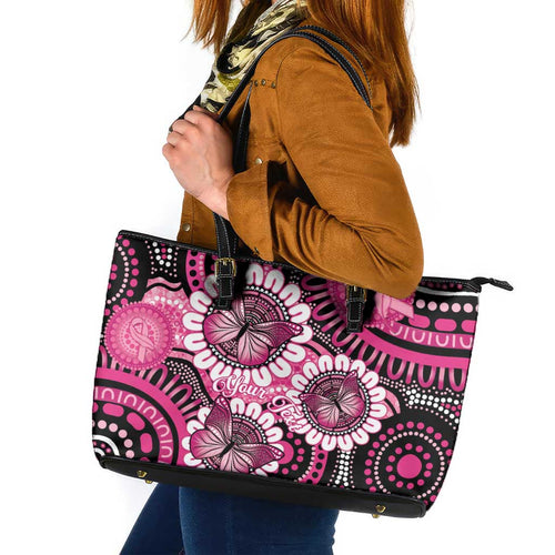 Personalised Australia Indigenous Leather Tote Bag Breast Cancer Ribbon Think Pink - Black Version LT14