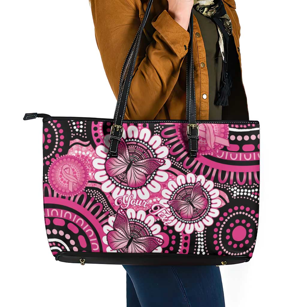 Personalised Australia Indigenous Leather Tote Bag Breast Cancer Ribbon Think Pink - Black Version LT14