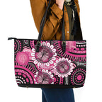 Personalised Australia Indigenous Leather Tote Bag Breast Cancer Ribbon Think Pink - Black Version LT14