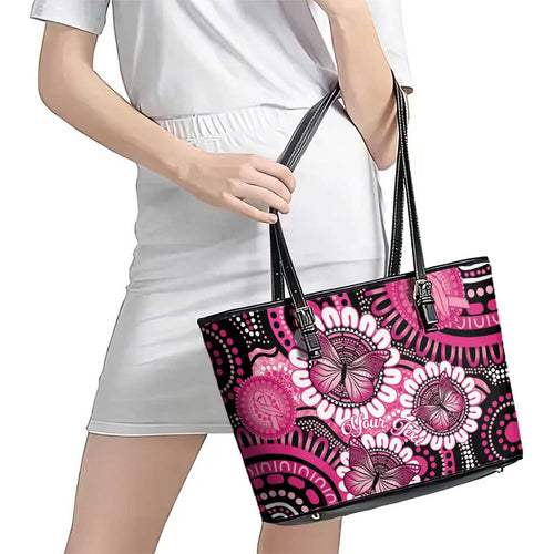 Personalised Australia Indigenous Leather Tote Bag Breast Cancer Ribbon Think Pink - Black Version LT14