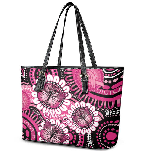 Personalised Australia Indigenous Leather Tote Bag Breast Cancer Ribbon Think Pink - Black Version LT14