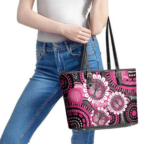 Personalised Australia Indigenous Leather Tote Bag Breast Cancer Ribbon Think Pink - Black Version LT14