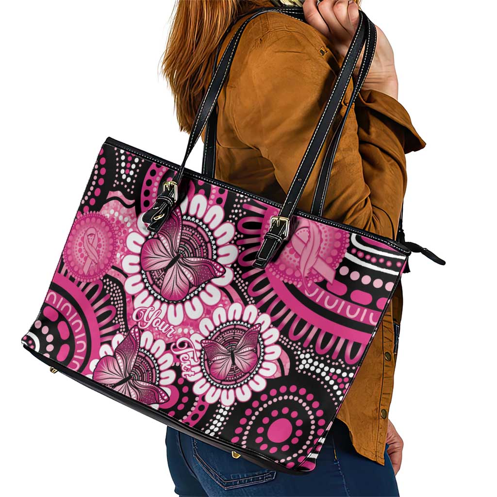 Personalised Australia Indigenous Leather Tote Bag Breast Cancer Ribbon Think Pink - Black Version LT14
