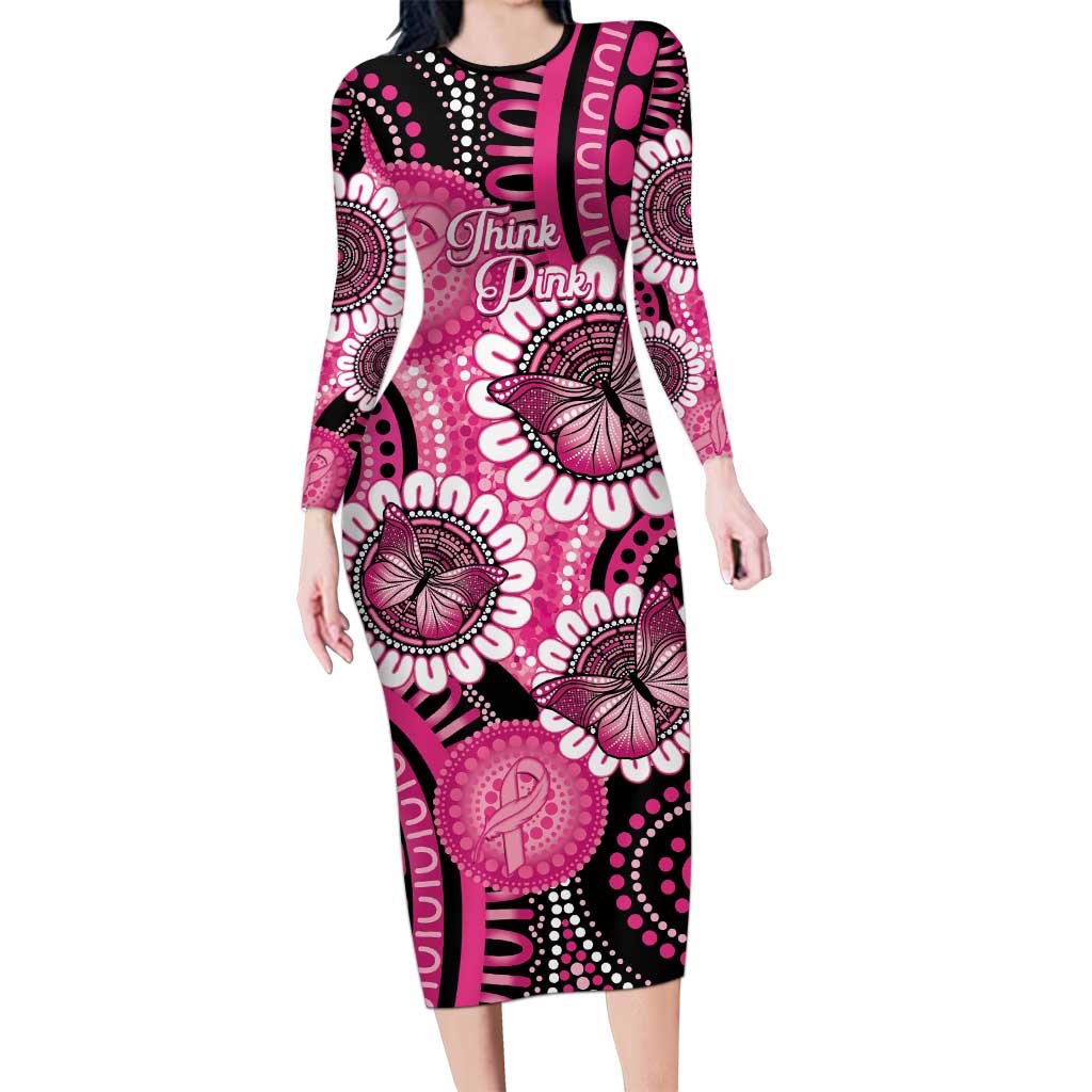 Personalised Australia Indigenous Long Sleeve Bodycon Dress Breast Cancer Ribbon Think Pink - Black Version LT14