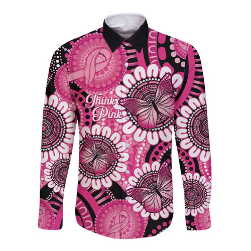 Personalised Australia Indigenous Long Sleeve Button Shirt Breast Cancer Ribbon Think Pink - Black Version LT14