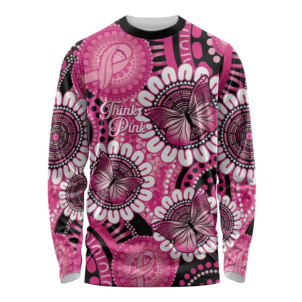 Personalised Australia Indigenous Long Sleeve Shirt Breast Cancer Ribbon Think Pink - Black Version LT14