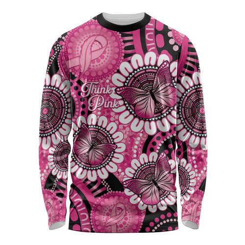 Personalised Australia Indigenous Long Sleeve Shirt Breast Cancer Ribbon Think Pink - Black Version LT14