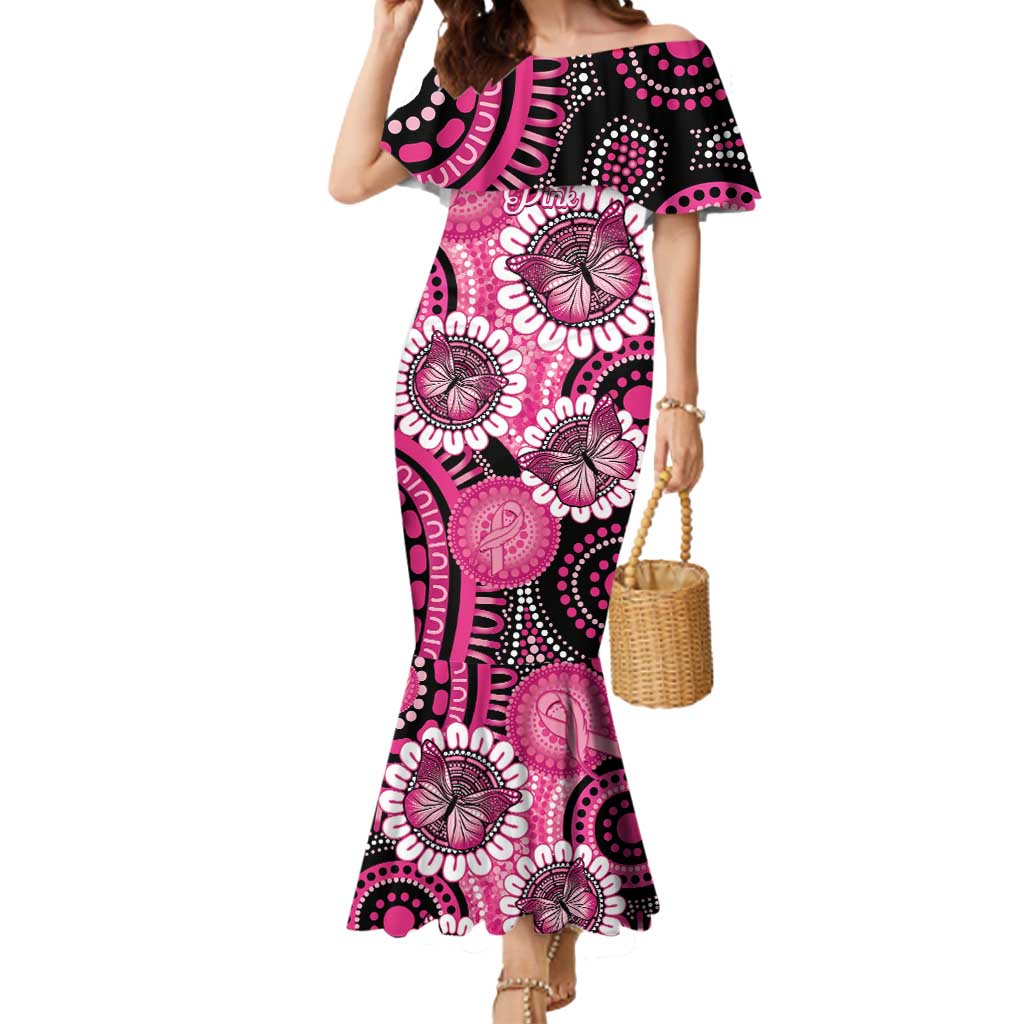 Personalised Australia Indigenous Mermaid Dress Breast Cancer Ribbon Think Pink - Black Version LT14