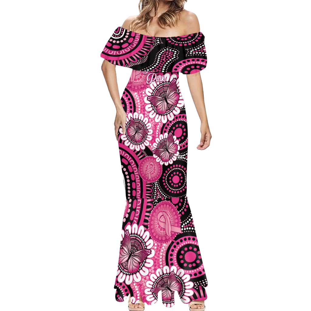 Personalised Australia Indigenous Mermaid Dress Breast Cancer Ribbon Think Pink - Black Version LT14