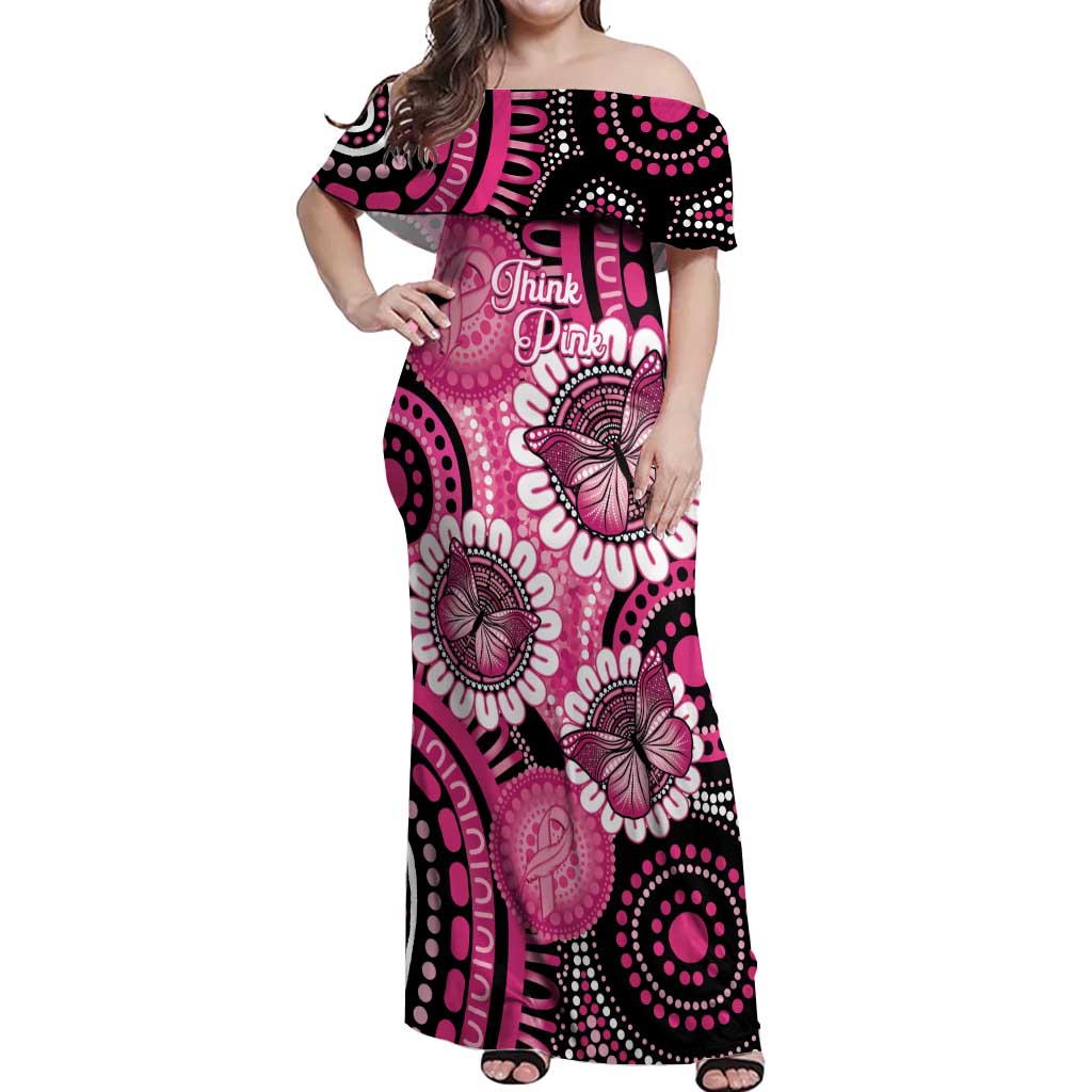 Personalised Australia Indigenous Off Shoulder Maxi Dress Breast Cancer Ribbon Think Pink - Black Version LT14