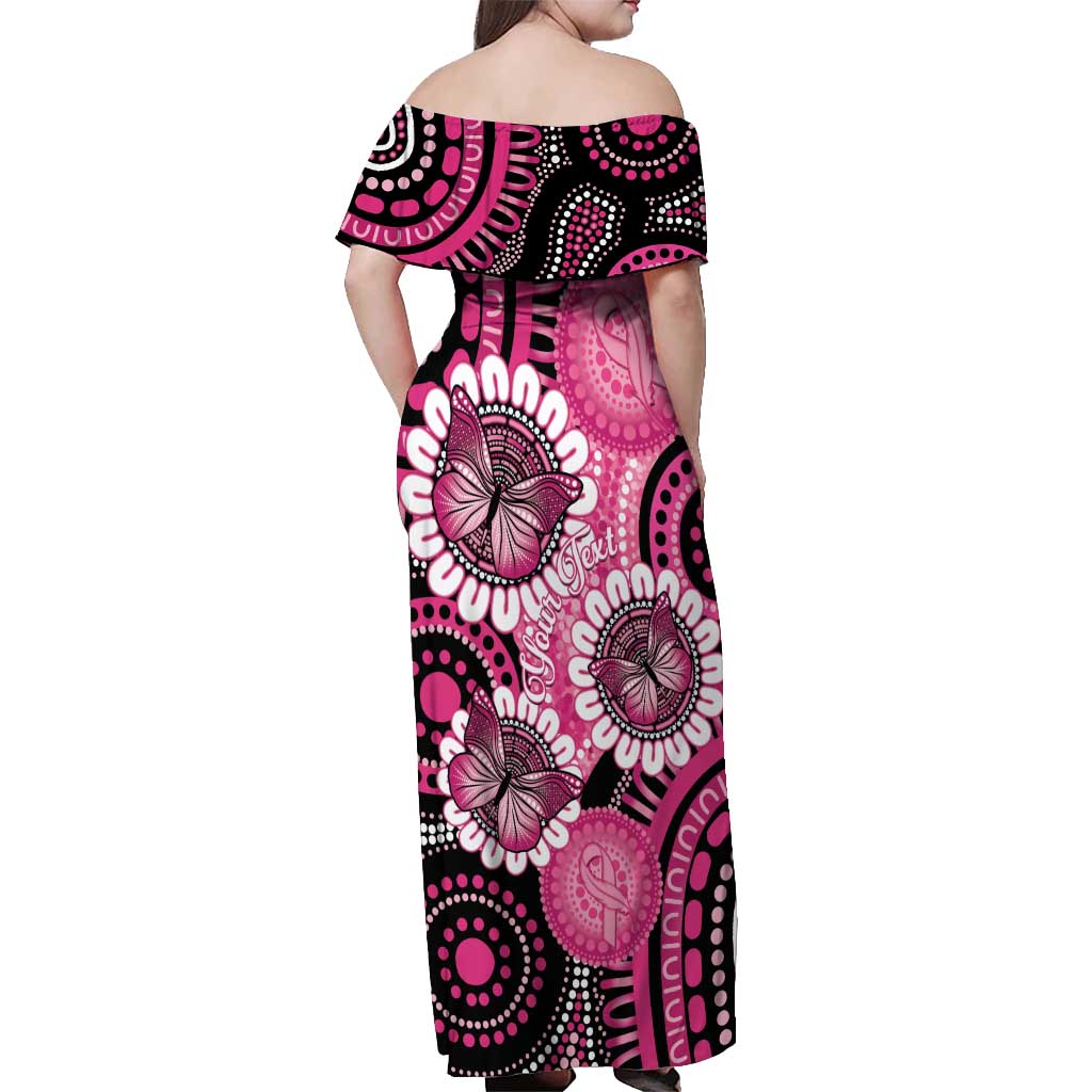 Personalised Australia Indigenous Off Shoulder Maxi Dress Breast Cancer Ribbon Think Pink - Black Version LT14