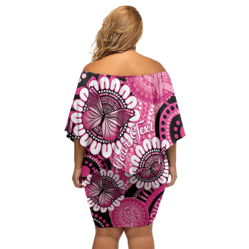 Personalised Australia Indigenous Off Shoulder Short Dress Breast Cancer Ribbon Think Pink - Black Version LT14