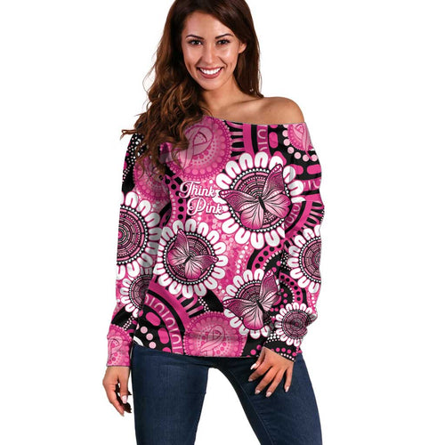 Personalised Australia Indigenous Off Shoulder Sweater Breast Cancer Ribbon Think Pink - Black Version LT14