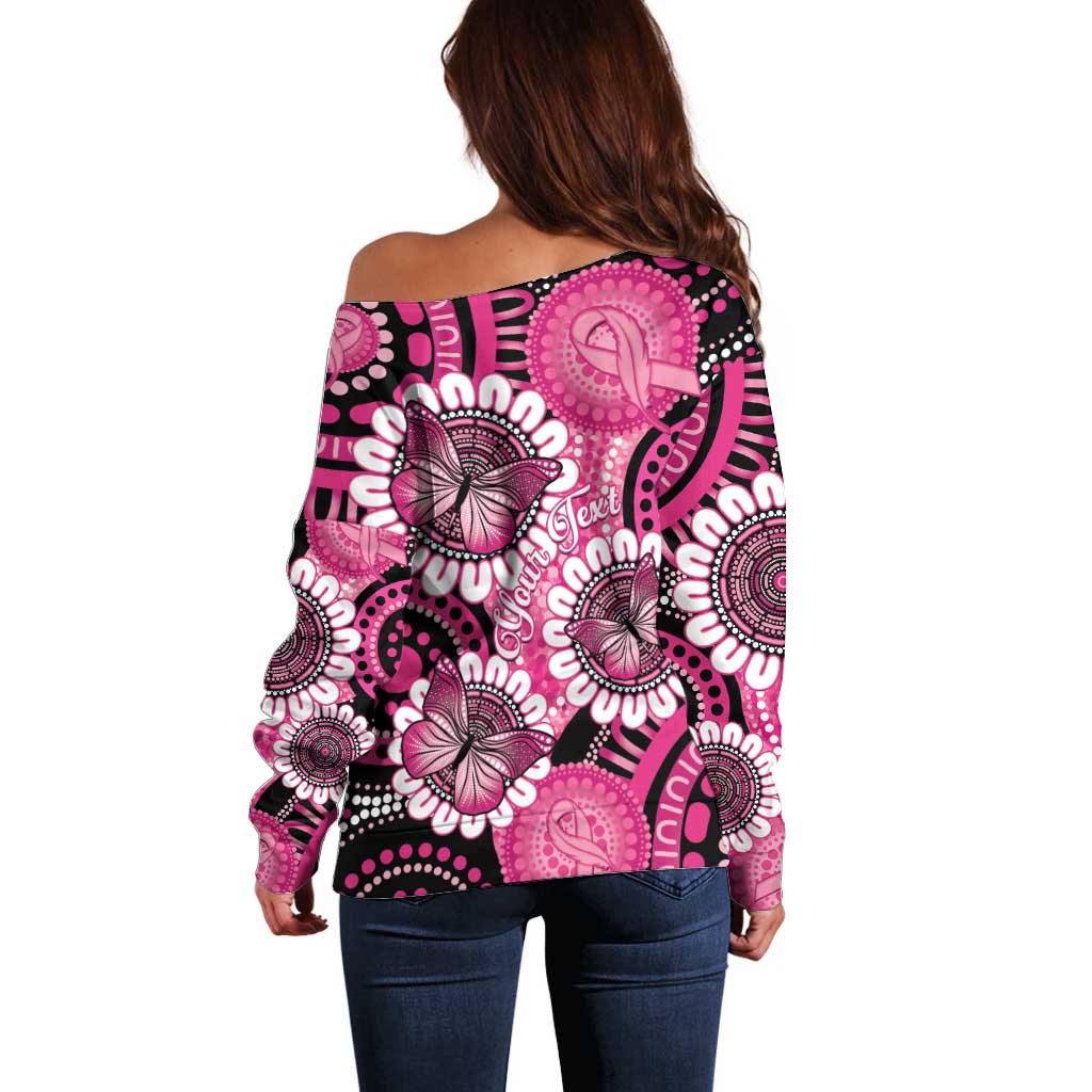 Personalised Australia Indigenous Off Shoulder Sweater Breast Cancer Ribbon Think Pink - Black Version LT14