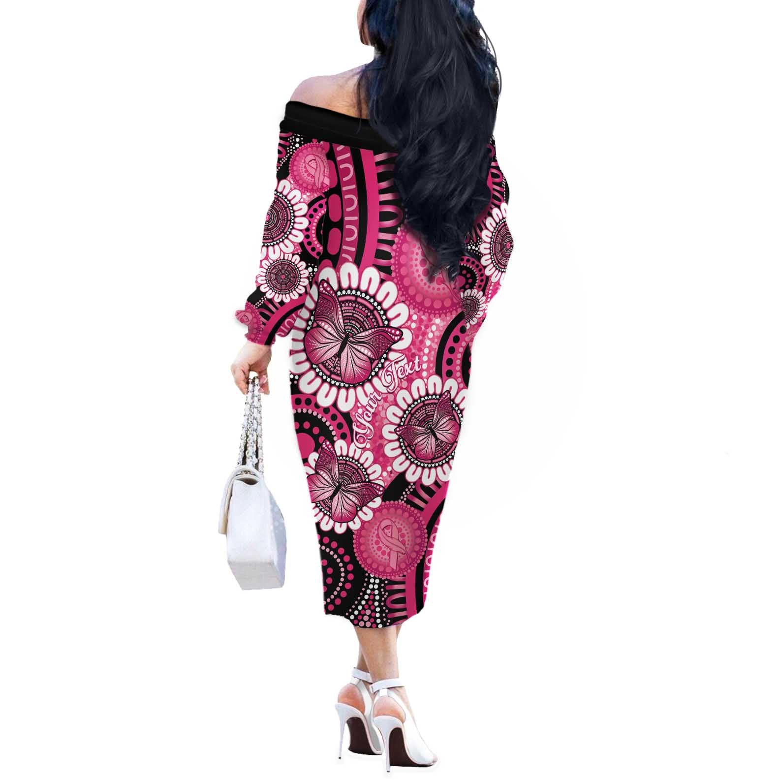 Personalised Australia Indigenous Off The Shoulder Long Sleeve Dress Breast Cancer Ribbon Think Pink - Black Version LT14
