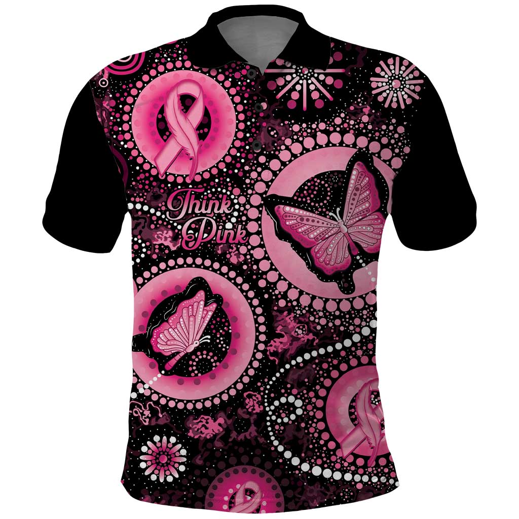 Personalised Australia Indigenous Polo Shirt Breast Cancer Ribbon Think Pink - Black Version