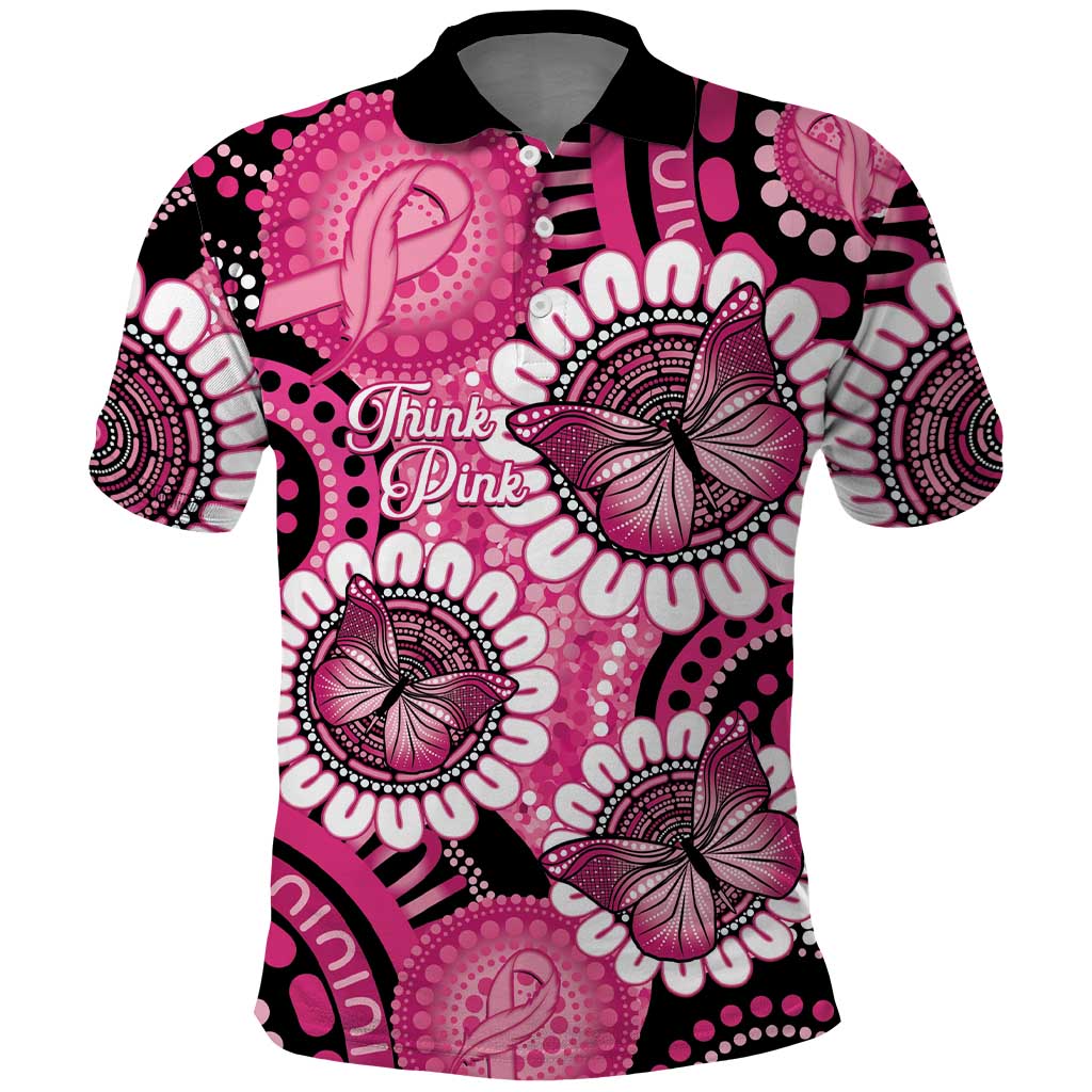 Personalised Australia Indigenous Polo Shirt Breast Cancer Ribbon Think Pink - Black Version LT14