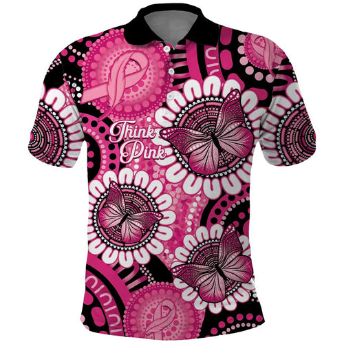 Personalised Australia Indigenous Polo Shirt Breast Cancer Ribbon Think Pink - Black Version LT14
