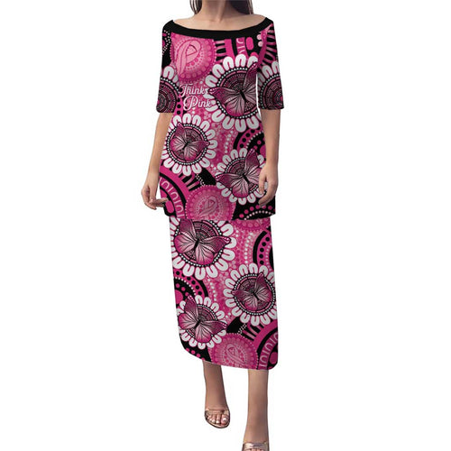 Personalised Australia Indigenous Puletasi Breast Cancer Ribbon Think Pink - Black Version LT14