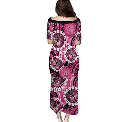 Personalised Australia Indigenous Puletasi Breast Cancer Ribbon Think Pink - Black Version LT14