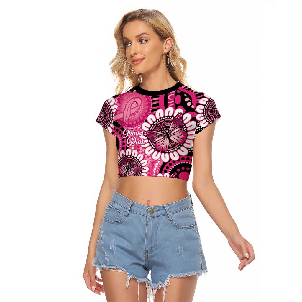 Personalised Australia Indigenous Raglan Cropped T Shirt Breast Cancer Ribbon Think Pink - Black Version LT14