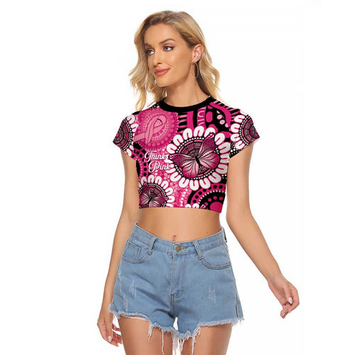 Personalised Australia Indigenous Raglan Cropped T Shirt Breast Cancer Ribbon Think Pink - Black Version LT14