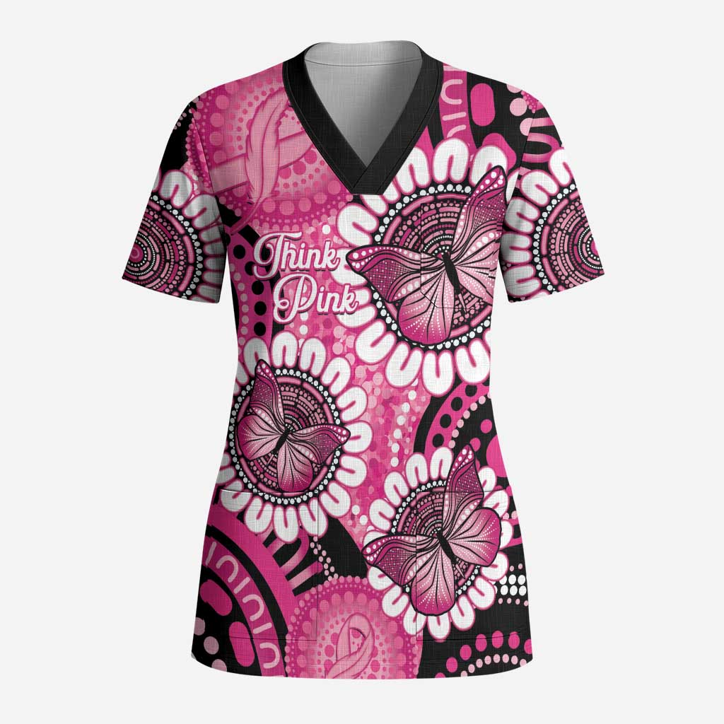 Personalised Australia Indigenous Scrub Top Breast Cancer Ribbon Think Pink - Black Version LT14