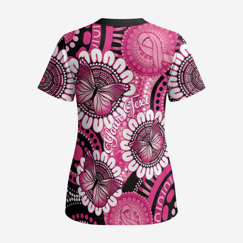 Personalised Australia Indigenous Scrub Top Breast Cancer Ribbon Think Pink - Black Version LT14
