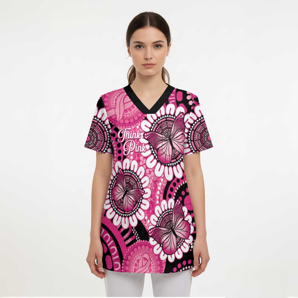 Personalised Australia Indigenous Scrub Top Breast Cancer Ribbon Think Pink - Black Version LT14