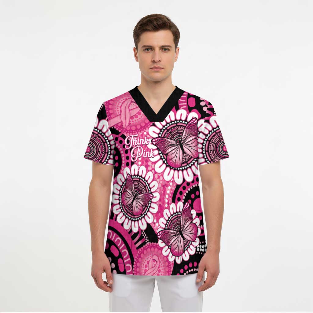 Personalised Australia Indigenous Scrub Top Breast Cancer Ribbon Think Pink - Black Version LT14