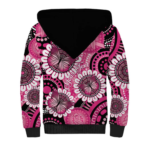 Personalised Australia Indigenous Sherpa Hoodie Breast Cancer Ribbon Think Pink - Black Version LT14