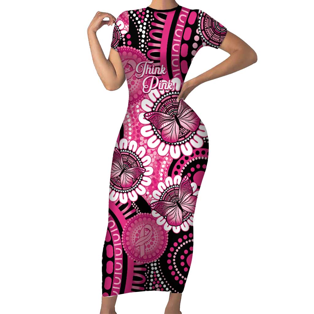Personalised Australia Indigenous Short Sleeve Bodycon Dress Breast Cancer Ribbon Think Pink - Black Version LT14