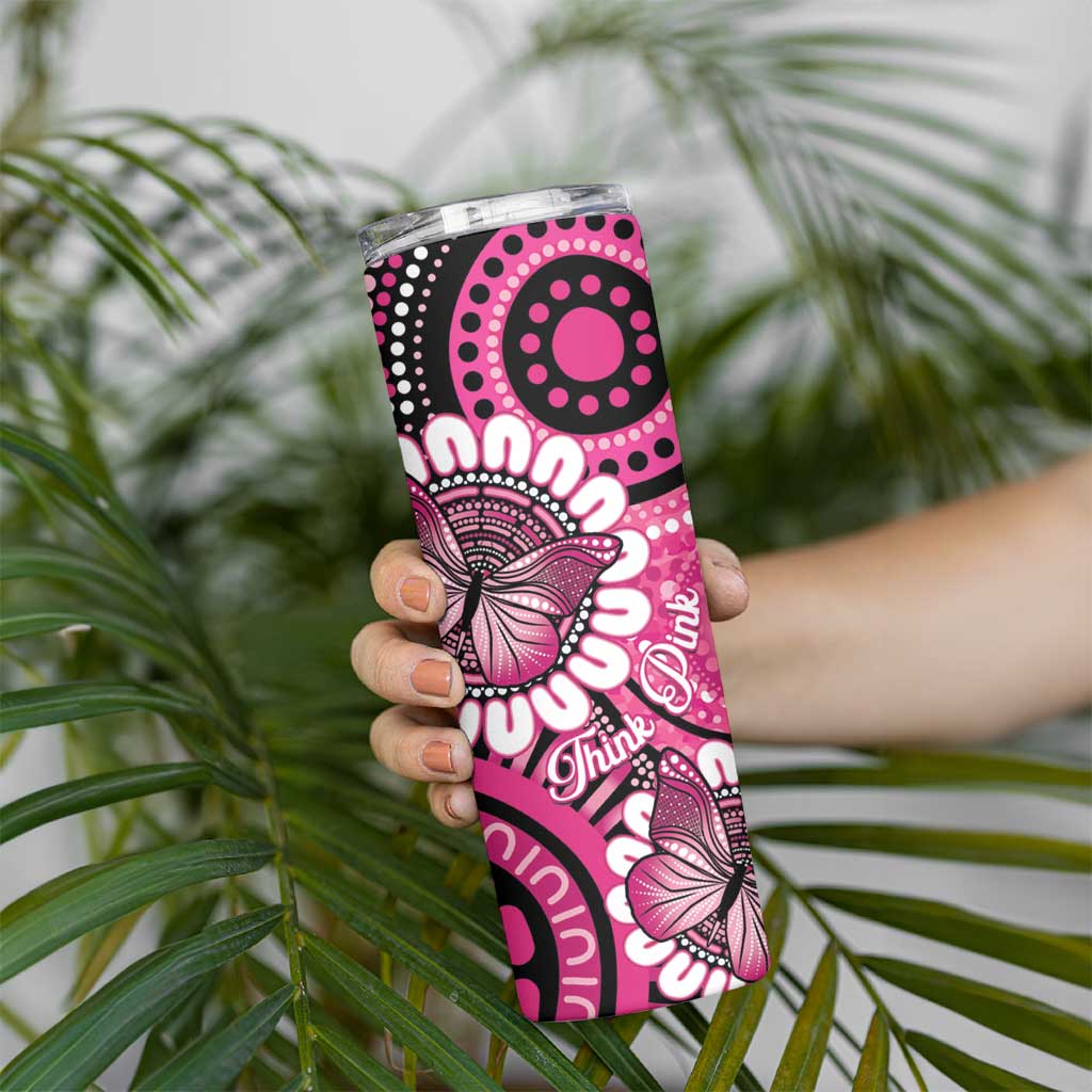 Personalised Australia Indigenous Skinny Tumbler Breast Cancer Ribbon Think Pink - Black Version LT14