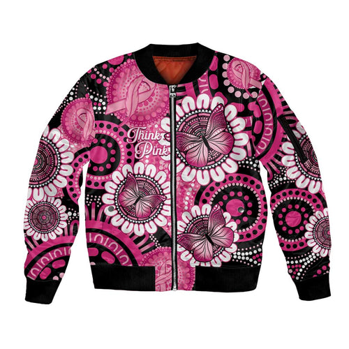 Personalised Australia Indigenous Sleeve Zip Bomber Jacket Breast Cancer Ribbon Think Pink - Black Version LT14