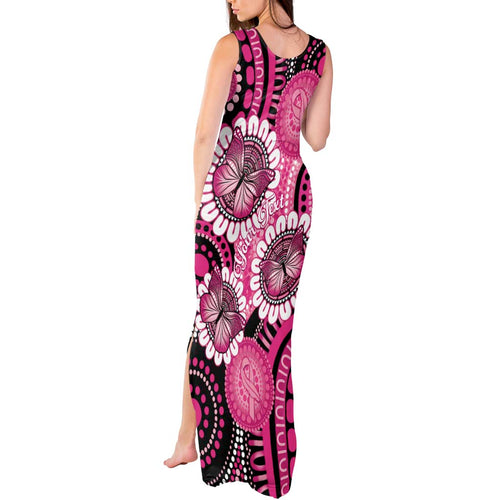 Personalised Australia Indigenous Tank Maxi Dress Breast Cancer Ribbon Think Pink - Black Version LT14