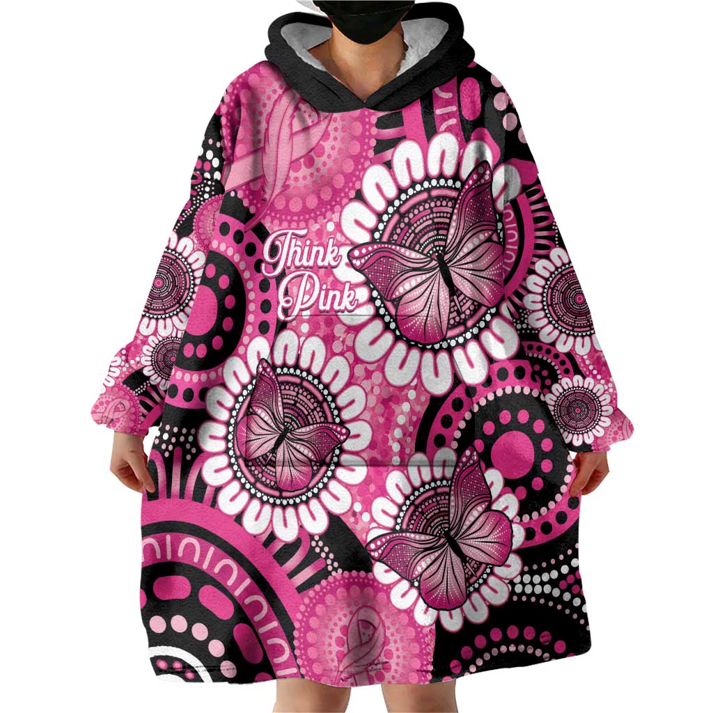 Personalised Australia Indigenous Wearable Blanket Hoodie Breast Cancer Ribbon Think Pink - Black Version LT14