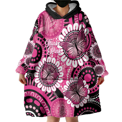Personalised Australia Indigenous Wearable Blanket Hoodie Breast Cancer Ribbon Think Pink - Black Version LT14