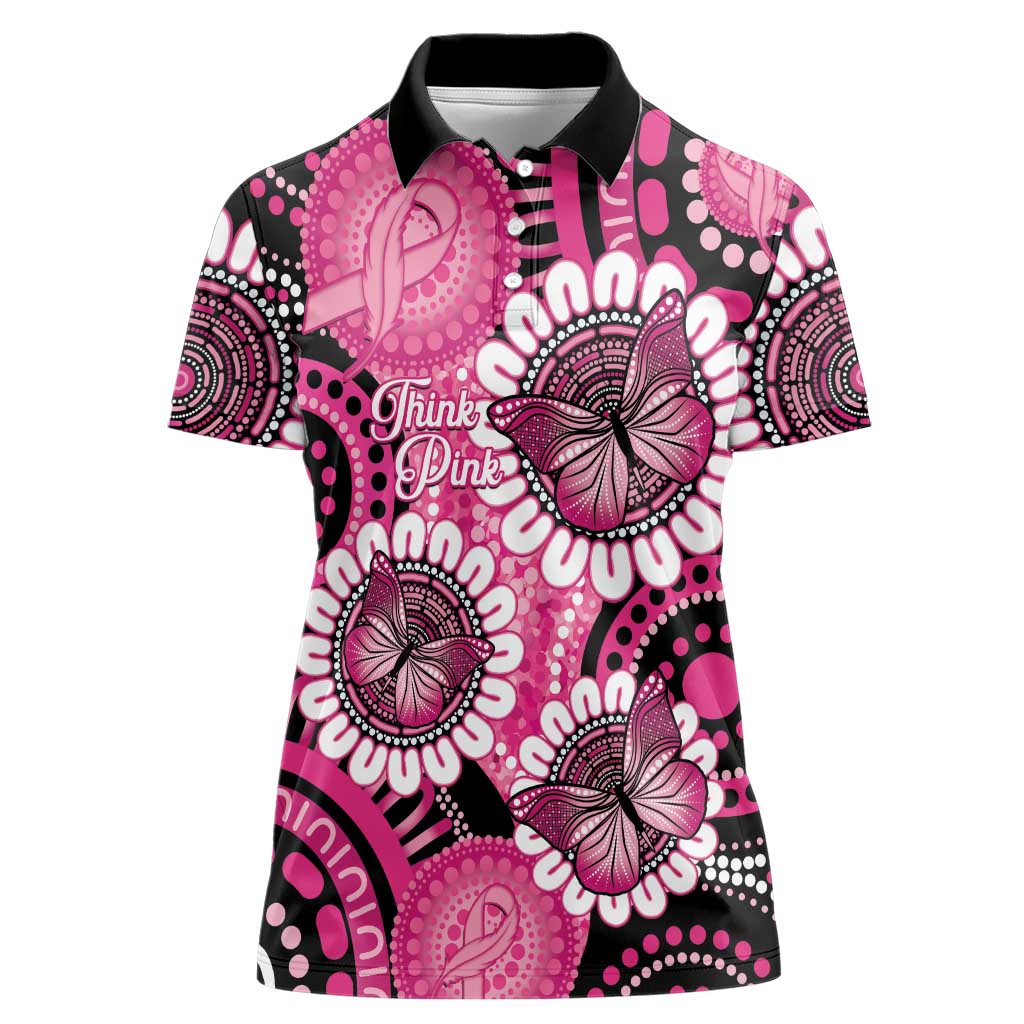 Personalised Australia Indigenous Women Polo Shirt Breast Cancer Ribbon Think Pink - Black Version LT14